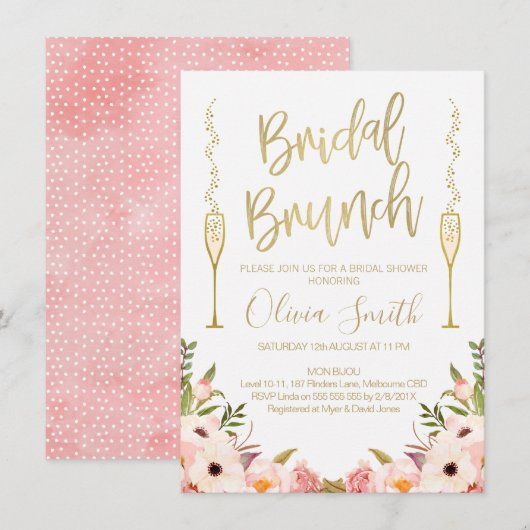 Floral Pink Bridal Brunch Invitation à la douche n (Devant / Derrière)