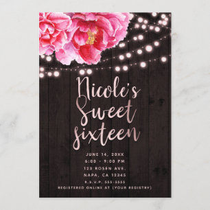 Floral Pink Brown Rustic Wood & Lichten Sweet 16 Kaart