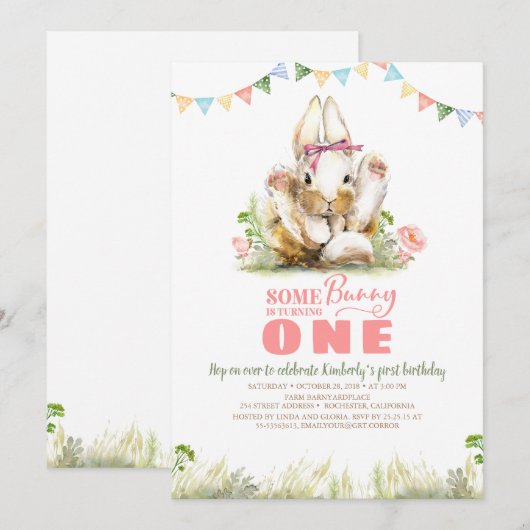 Floral Pink Bunny Girls Invitation Anniversaire (Devant / Derrière)