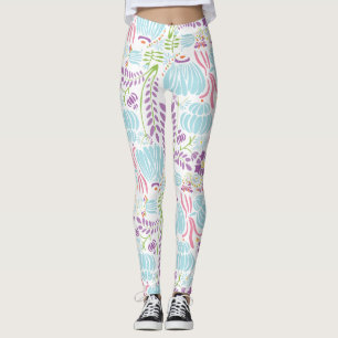 Floral Pink Coral Green en Blue Art Deco Pattern Leggings