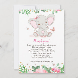 Floral Pink Elephant Baby shower Hartelijk dank Bedankkaart