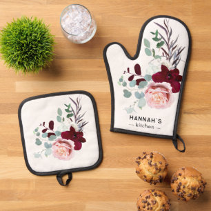 Floral Pink en Bourgondië Bloom gepersonaliseerd Ovenwant & Pannenlap Set