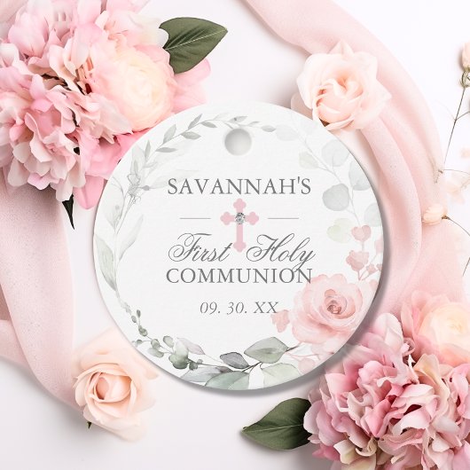 Floral Pink First Heilige Communie Dank u Bedankjes Labels