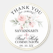 Floral Pink First Heilige Communie Dank u Classic Ronde Sticker (Voorkant)