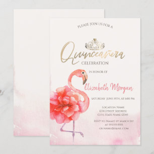 Floral Pink Flamingos Gold Tiara Quinceañera Kaart