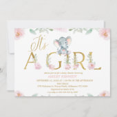Floral Pink Girl Elephant Baby Shower Invitation (Devant)