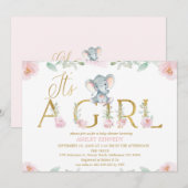 Floral Pink Girl Elephant Baby Shower Invitation (Devant / Derrière)