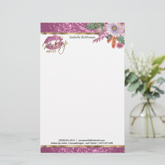 Floral Pink Glitter Kiss Proof Lips Briefpapier (Staand voorkant)