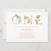 Floral Pink Gold 1er Anniversaire Fête Invitation (Devant)