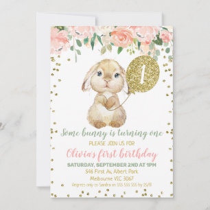 Floral Pink Gold Balloon Fluffy Bunny 1st Birthday Kaart