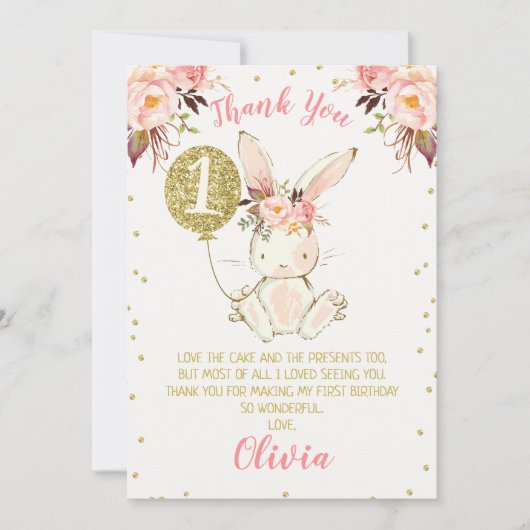 Floral Pink Gold Bunny 1e verjaardag Hartelijk dan Kaart (Voorkant)