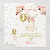 Floral Pink Gold Bunny 1e verjaardag Hartelijk dan Kaart (Voorkant / Achterkant)