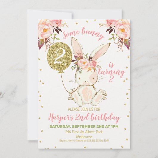 Floral Pink Gold Bunny Invitation Anniversaire (Devant)