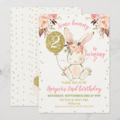 Floral Pink Gold Bunny Invitation Anniversaire (Devant / Derrière)