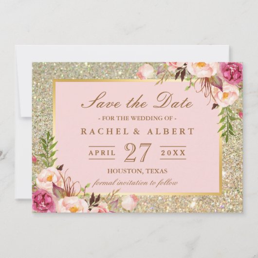 Floral Pink Gold Glitter Wedding Save the Date (Voorkant)