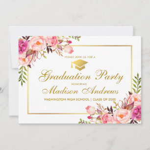 Floral Pink Gold Lijst Graduation Party Invitation Kaart