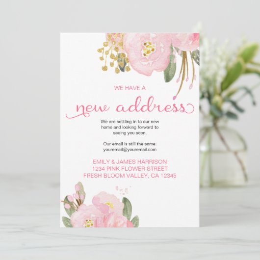 Floral Pink Gold New Address Moving Announge Aankondiging (Staand voorkant)