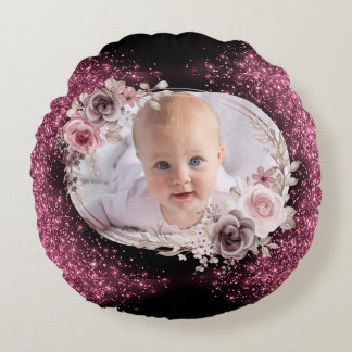 Floral Pink Gold Two Photo Baby Girl cute Rond Kussen