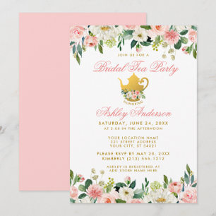 Floral Pink Gold Vrijgezellenfeest Tea Party nodig Kaart