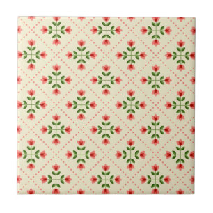 Floral Pink & Green Quilt Folk Art Pattern Tegeltje