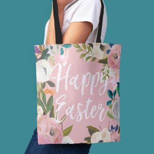 Floral Pink Happy Pasen   Paaseiershunt Tote Bag