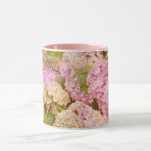 Floral Pink Hydrangea Monogram Name Script Mok (Midden)