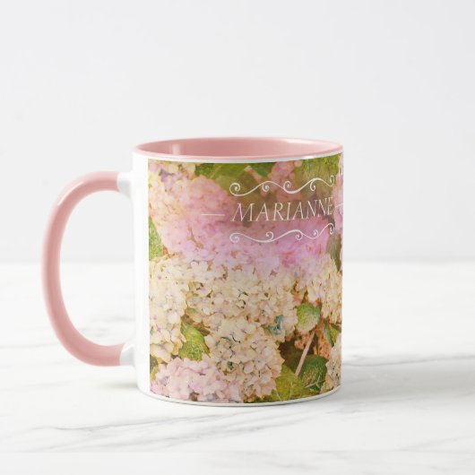 Floral Pink Hydrangea Monogram Name Script Mok (Links)