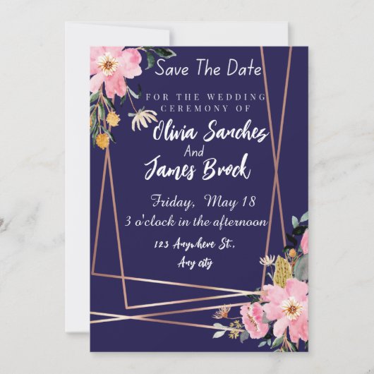 Floral pink Navy Blue Rustic Wedding Kaart (Voorkant)