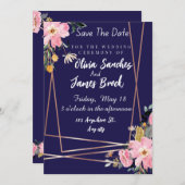 Floral pink Navy Blue Rustic Wedding Kaart (Voorkant / Achterkant)