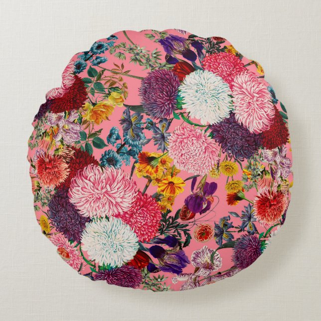 Floral Pink Pattern Rond Kussen (Voorkant)