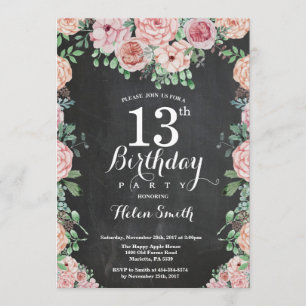 Floral Pink Peonies 13th Birthday Chalkboard Kaart