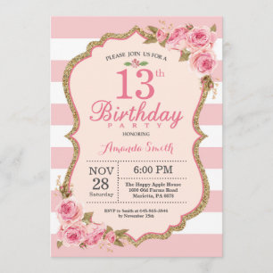 Floral Pink Peonies 13th Birthday Party Invitation Kaart
