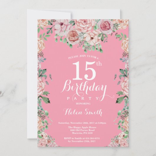 Floral Pink Peonies 15e anniversaire Invitation (Devant)