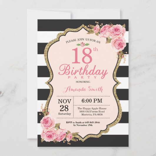 Floral Pink Peonies 18th Birthday Party Invitation Kaart (Voorkant)