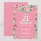 Floral Pink Peonies 21st Birthday Invitation Kaart (Voorkant / Achterkant)