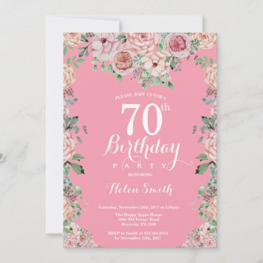 Floral Pink Peonies 70e anniversaire Invitation (Devant)