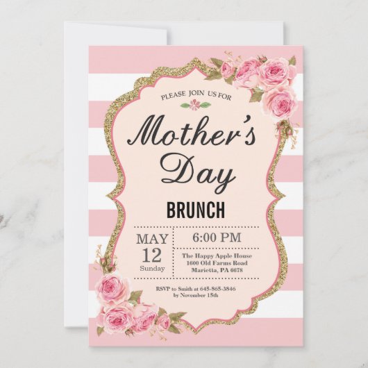 Floral Pink Peonies Mothers Day Brunch Invitation (Devant)