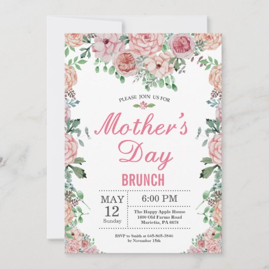 Floral Pink Peonies Mothers Day Brunch Invitation (Devant)