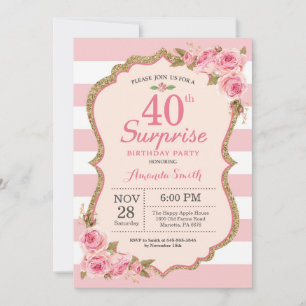 Floral Pink Peonies Surprise 40th Birthday Party Kaart