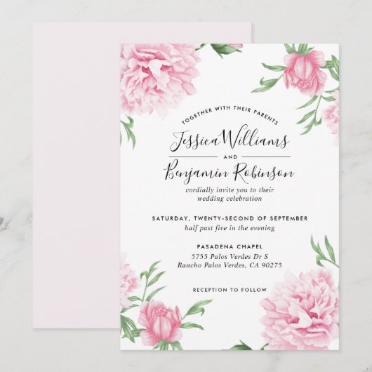 Floral Pink Peony met witte achtergrond bruiloft Kaart (Voorkant / Achterkant)