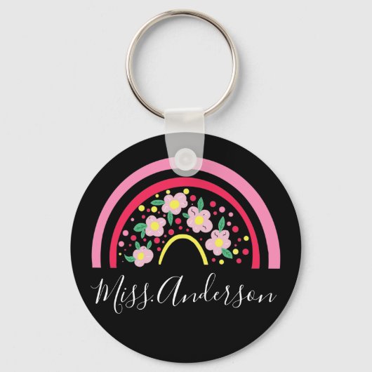 Floral Pink Rainbow Personalized Teacher Gift Key Sleutelhanger (Voorkant)