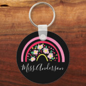 Floral Pink Rainbow Personalized Teacher Gift Key Sleutelhanger (Voorkant)