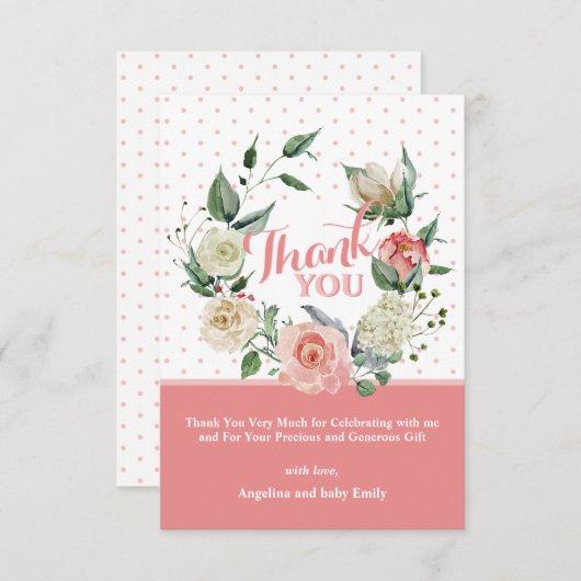 Floral Pink Rose Girl Baby shower Birthday Bedankkaart (Voorkant / Achterkant)