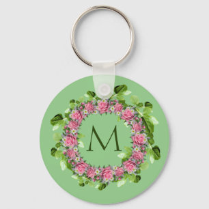Floral Pink Rose Wreator Monogram Sleutelhanger