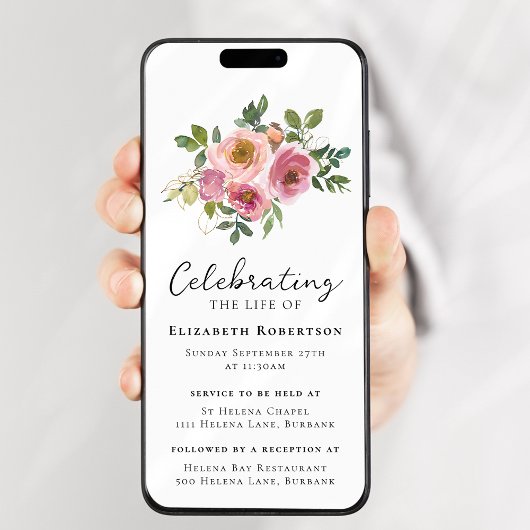 Floral Pink Roses Funeral Digital Eviet Kaart