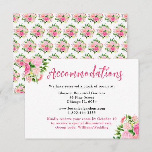 Floral Pink Roses Wedding Accommodations Informatiekaartje (Voorkant / Achterkant)