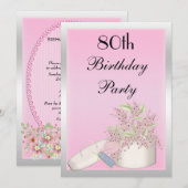 Floral Pink & Silver 80th Birthday Kaart (Voorkant / Achterkant)