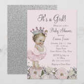 Floral Pink Silver Princess Baby shower Uitnodigin Kaart (Voorkant / Achterkant)