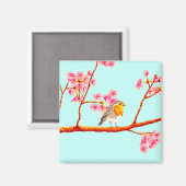 Floral Pink Spring Blossom Robin Bird Magneet (Voorkant / Achterkant)