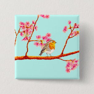 Floral Pink Spring Blossom Robin Bird Vierkante Button 5,1 Cm